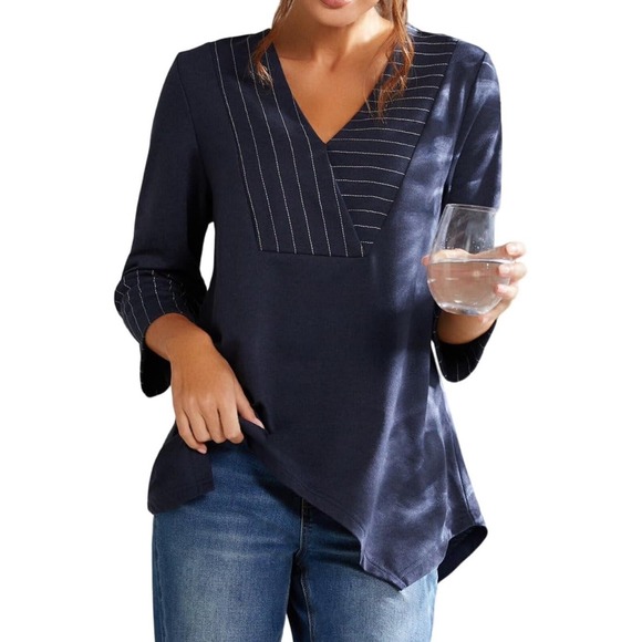 Simple by Suzanne Betro Navy Contrast Stitch Three Quarter Kimono Sleeve Tunic L - Picture 7 of 8